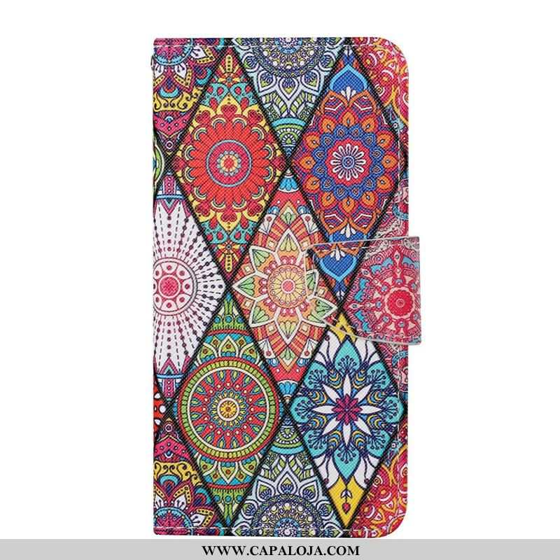 Capa Em Pele Para iPhone 13 Pro Patchwork Com Cordão