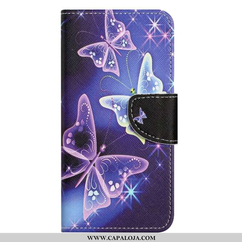 Capa Em Pele Para iPhone 14 Plus Lindas Borboletas