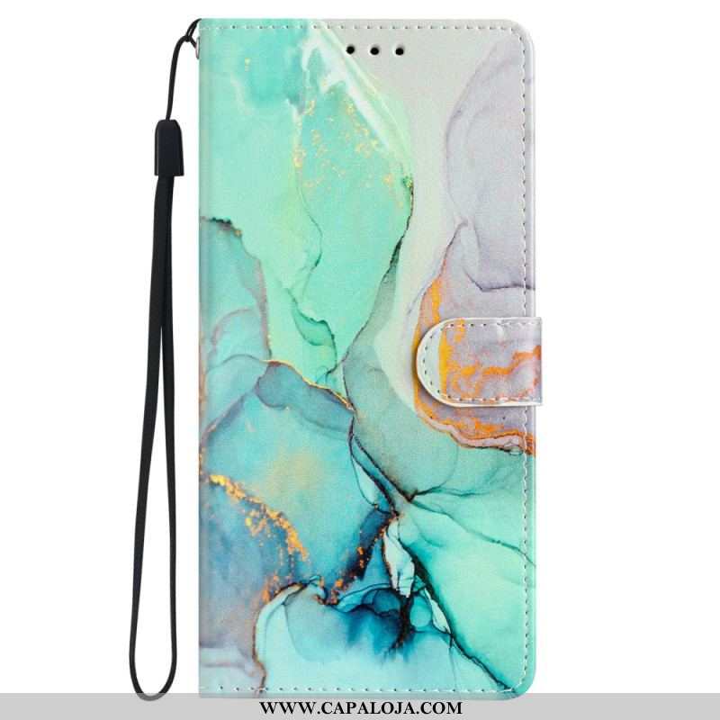 Capa Em Pele Para iPhone 15 De Cordão Mármore Decorativo Com Alça