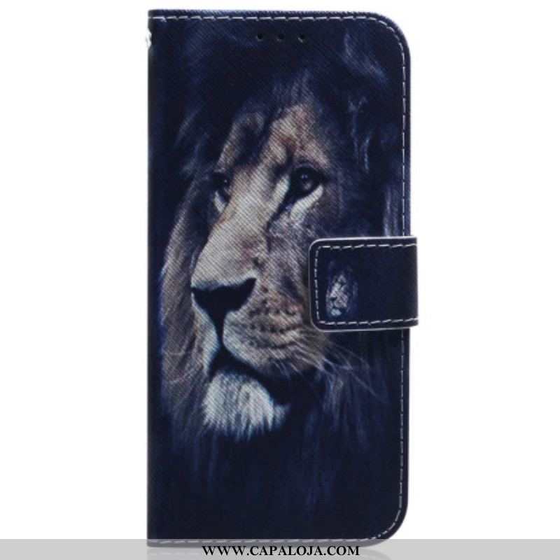 Capa Em Pele Para iPhone 15 Leão Sonhador