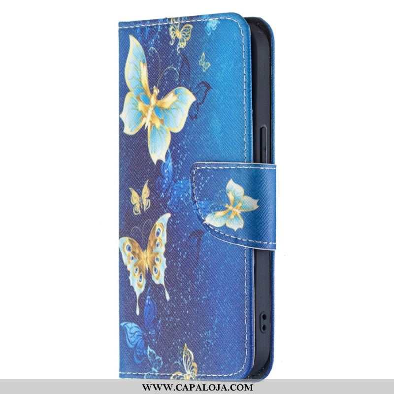 Capa Em Pele Para iPhone 15 Mariposas