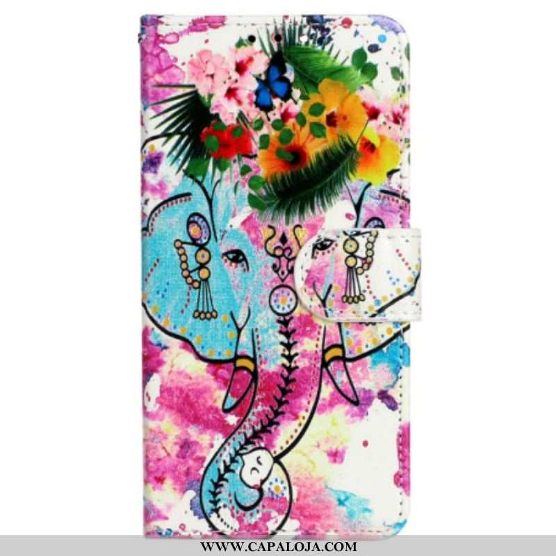 Capa Em Pele Para iPhone 15 Plus De Cordão Elefante Aquarela Com Cordão