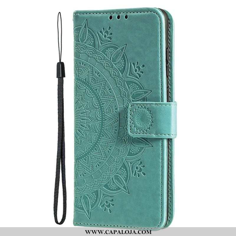 Capa Em Pele Para iPhone 15 Plus Mandala Do Sol Com Cordão