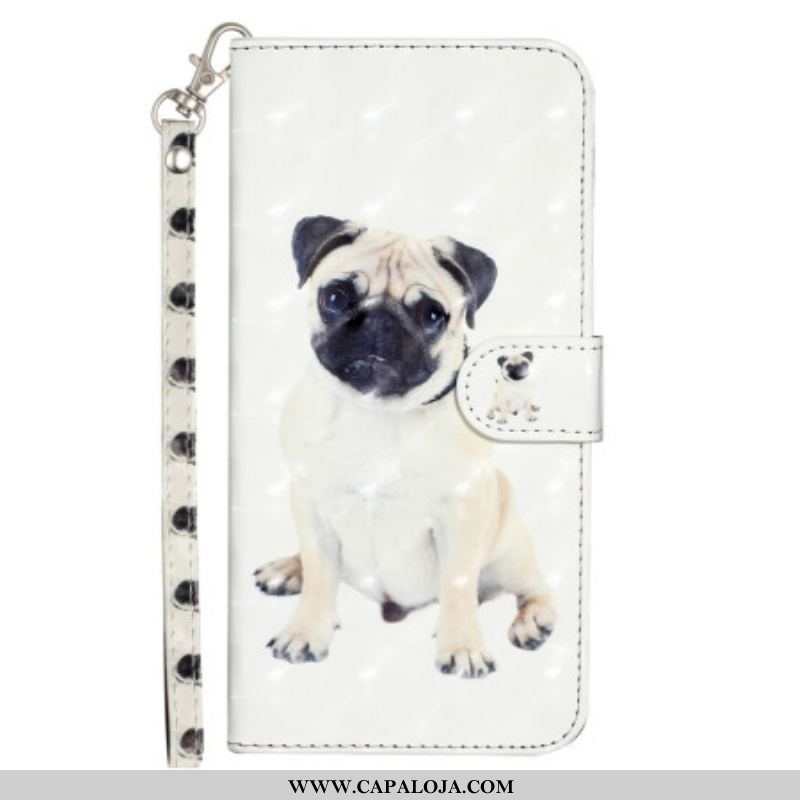 Capa Em Pele Para iPhone 15 Pro De Cordão Pug 3d Com Alça