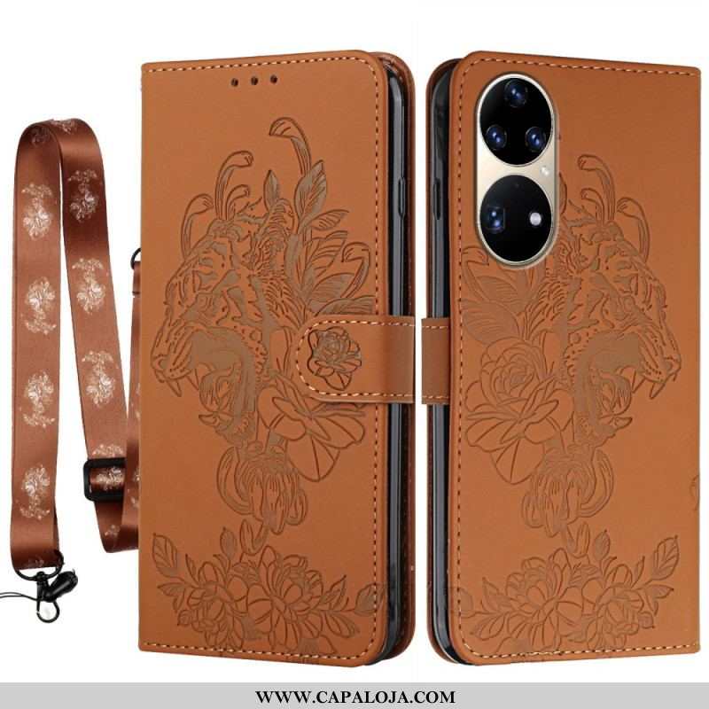 Capa Flip Para Huawei P50 Pro De Cordão Tigre Barroco Strappy