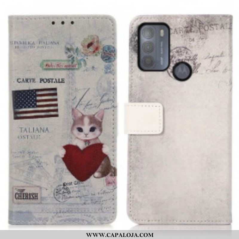 Capa Flip Para Moto G50 Gato Viajante