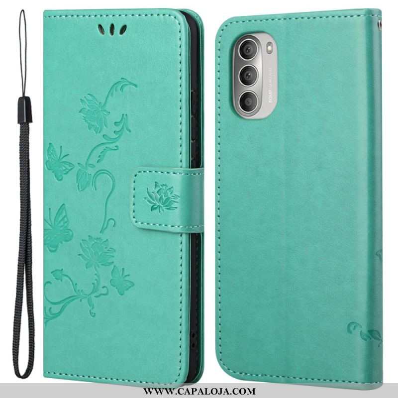 Capa Flip Para Moto G51 5G Borboletas E Flores Asiáticas