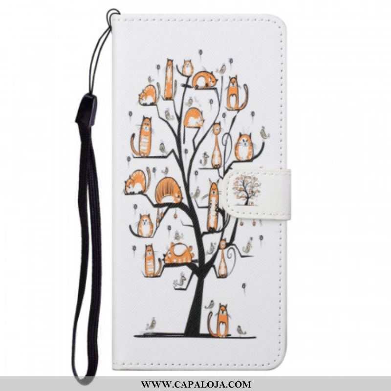 Capa Flip Para Moto G71 5G De Cordão Gatos Divertidos Com Alça