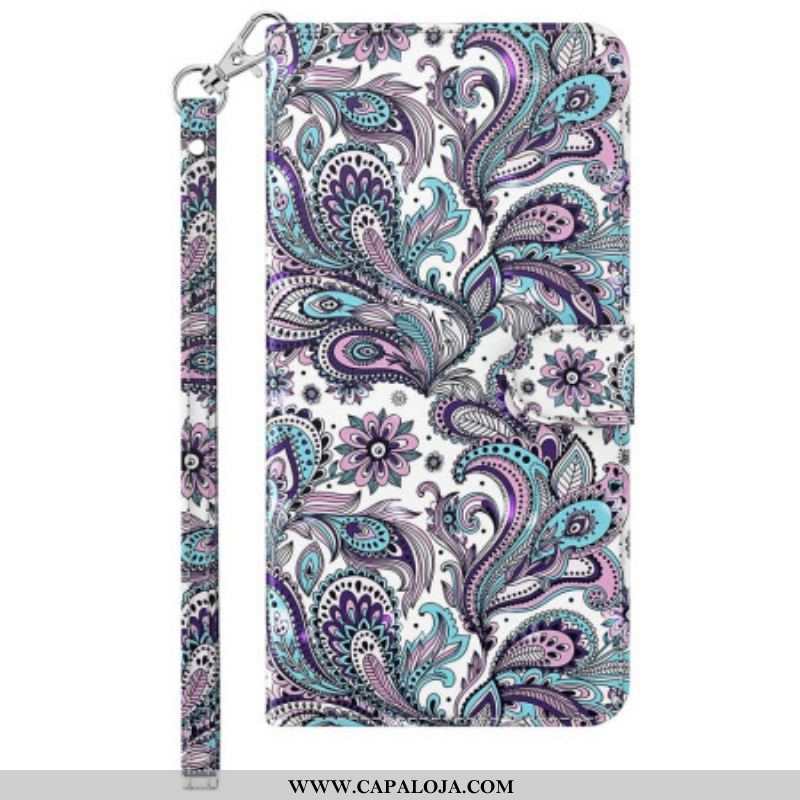 Capa Flip Para Moto G73 5G De Cordão Padrão Strappy Paisley