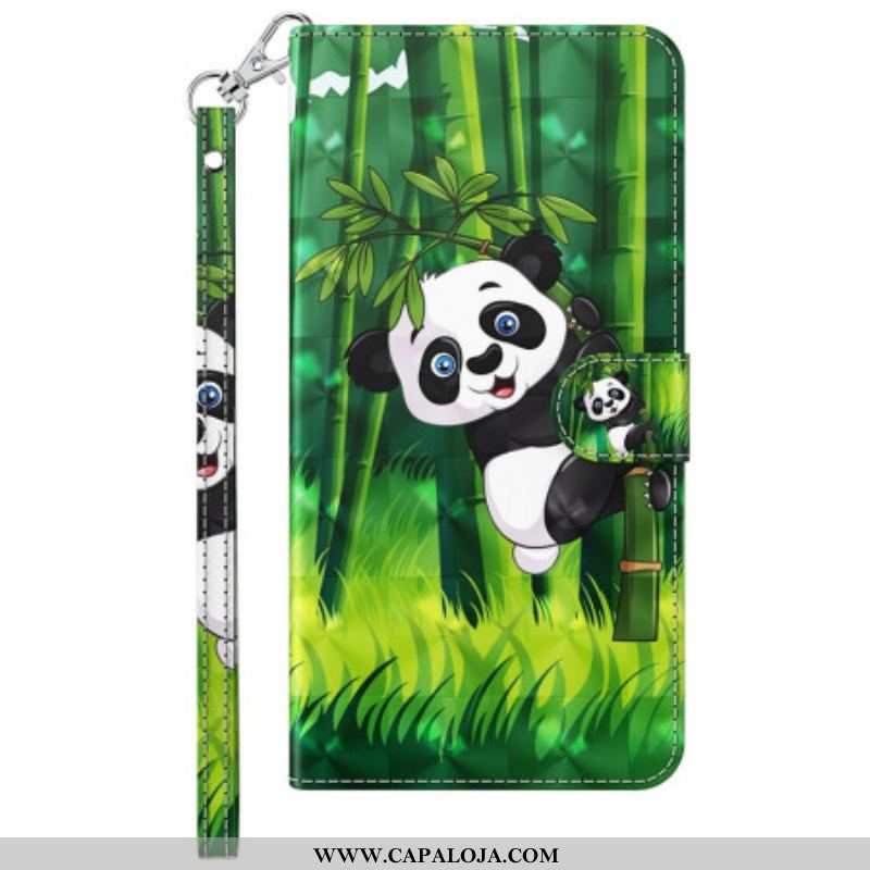 Capa Flip Para Moto G73 5G De Cordão Panda E Bambu Com Lanyard