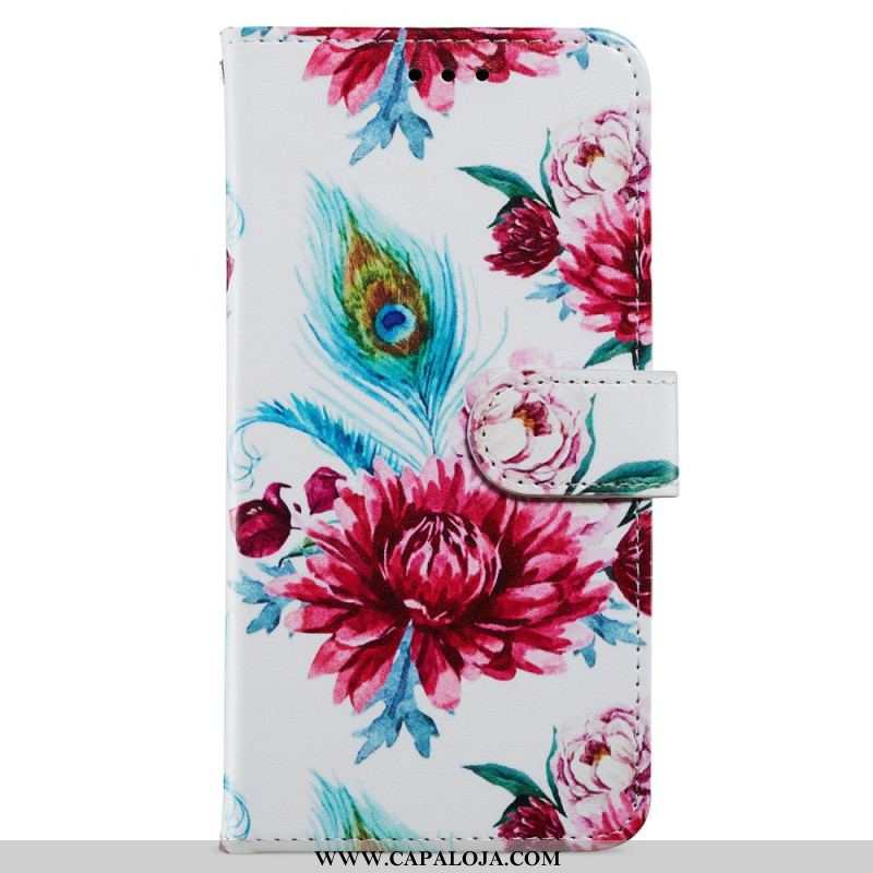 Capa Flip Para Moto G73 5G De Cordão Strappy Floral