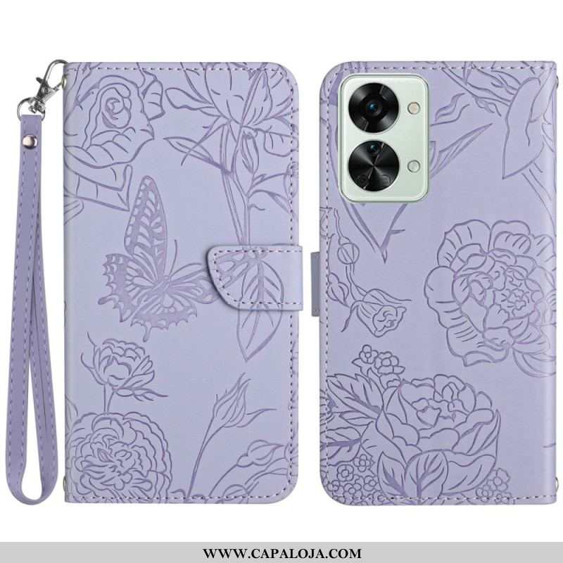 Capa Flip Para OnePlus Nord 2T 5G De Cordão Borboletas Fio Dental Premium