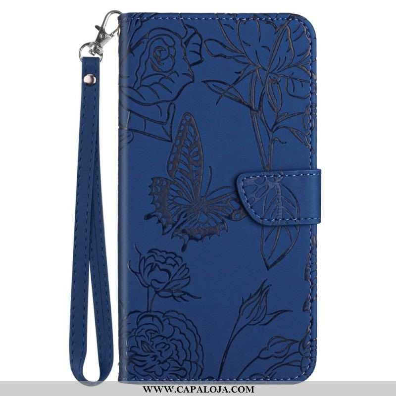 Capa Flip Para OnePlus Nord CE 2 5G De Cordão Pulseira Borboletas E Flores