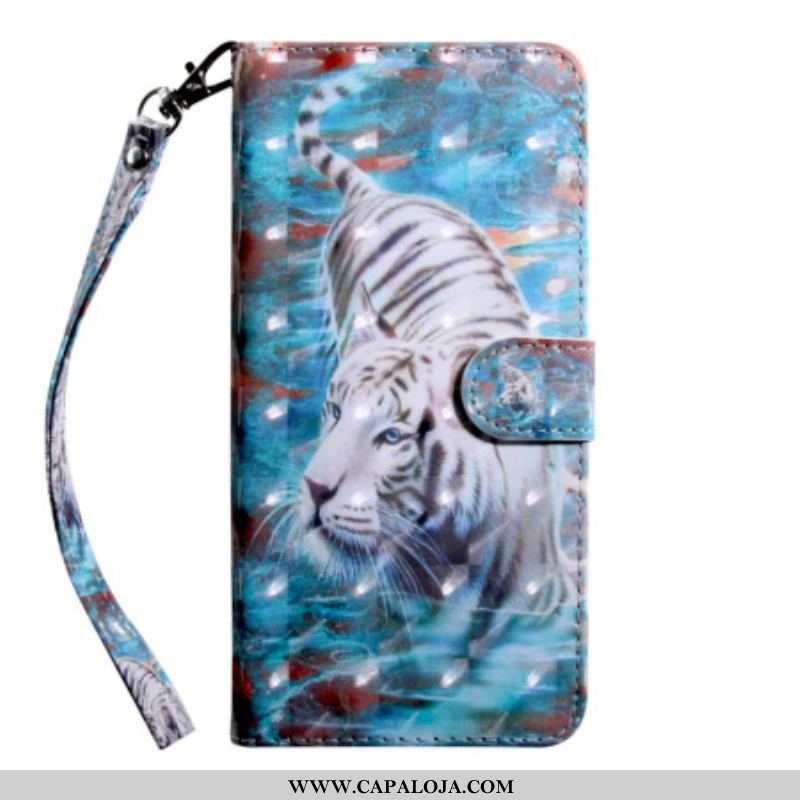 Capa Flip Para Oppo A54 5G / A74 5G Couro Sintético De Tigre Com Cordão