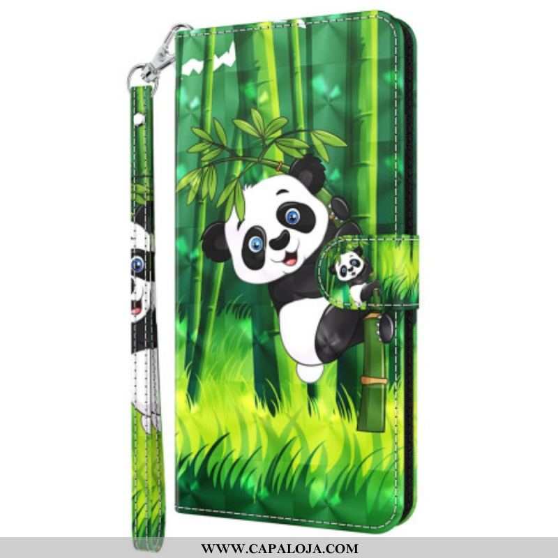 Capa Flip Para Oppo A54 5G / A74 5G De Cordão Panda E Bambu Com Lanyard