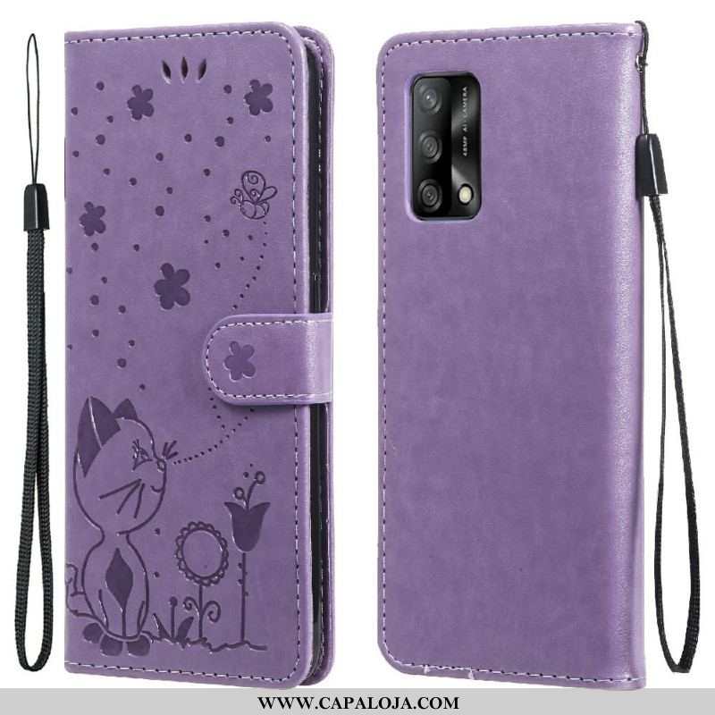 Capa Flip Para Oppo A74 4G De Cordão Gato E Abelha Com Cordão