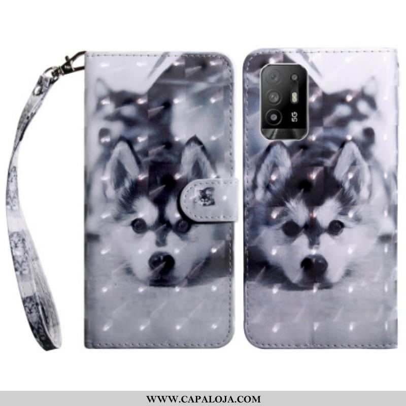 Capa Flip Para Oppo A94 5G Cachorro Husky Com Cordão