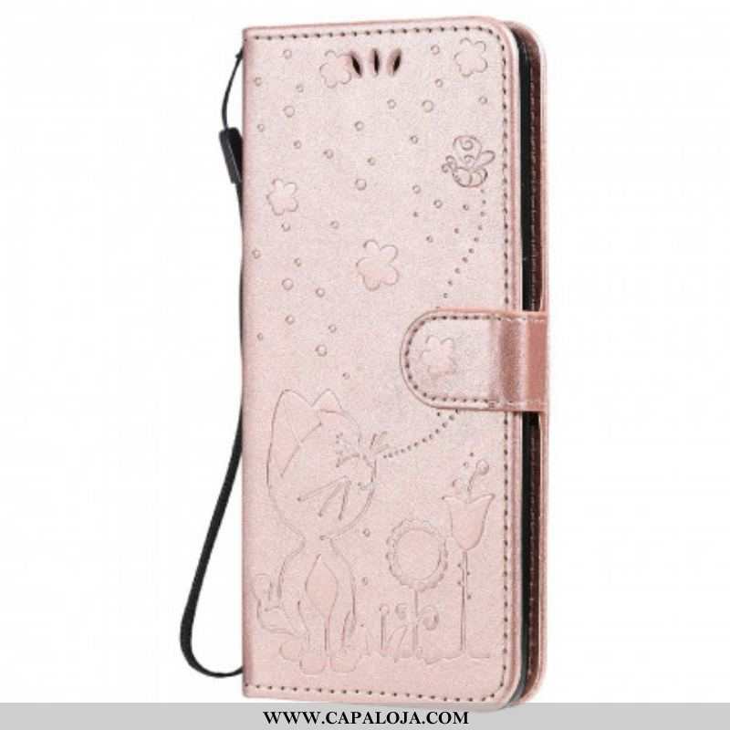 Capa Flip Para Oppo Reno 6 5G De Cordão Gato E Abelha Com Cordão