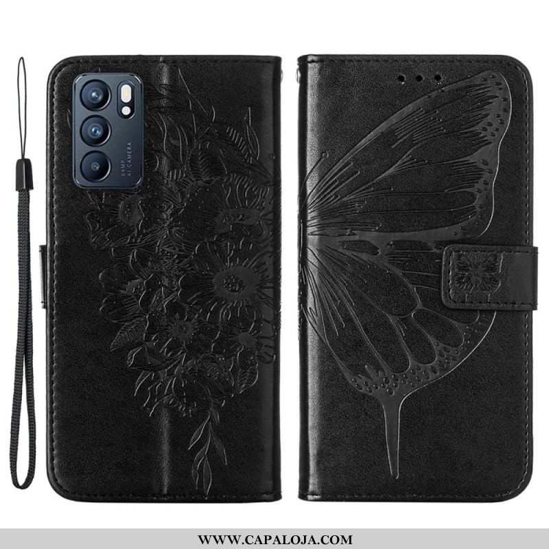 Capa Flip Para Oppo Reno 6 5G Desenho De Borboleta