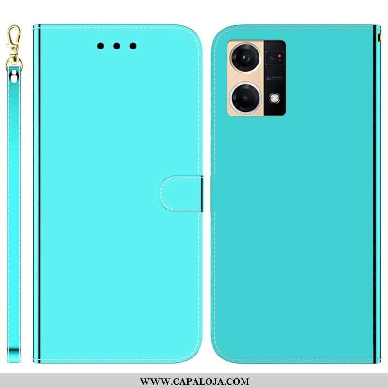 Capa Flip Para Oppo Reno 7 Espelho Falso De Couro Com Alça