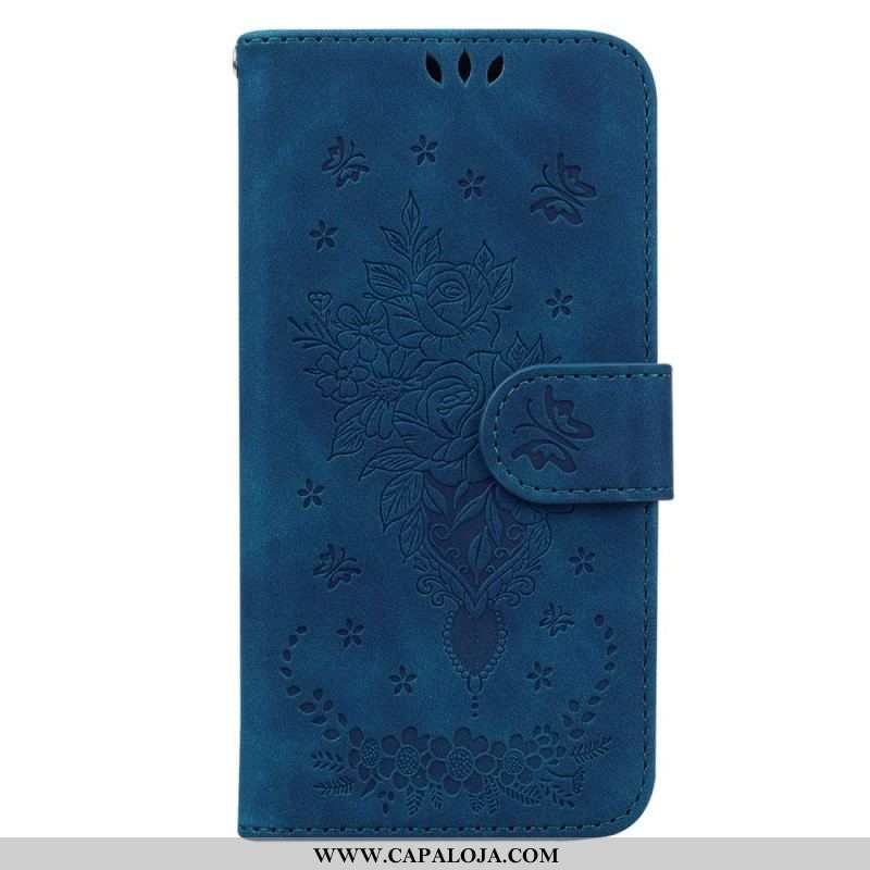 Capa Flip Para Oppo Reno 8 De Cordão Strappy Rosas E Borboletas