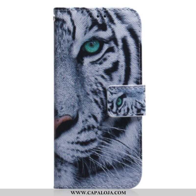 Capa Flip Para Oppo Reno 8 De Cordão Tira Tigre Branco