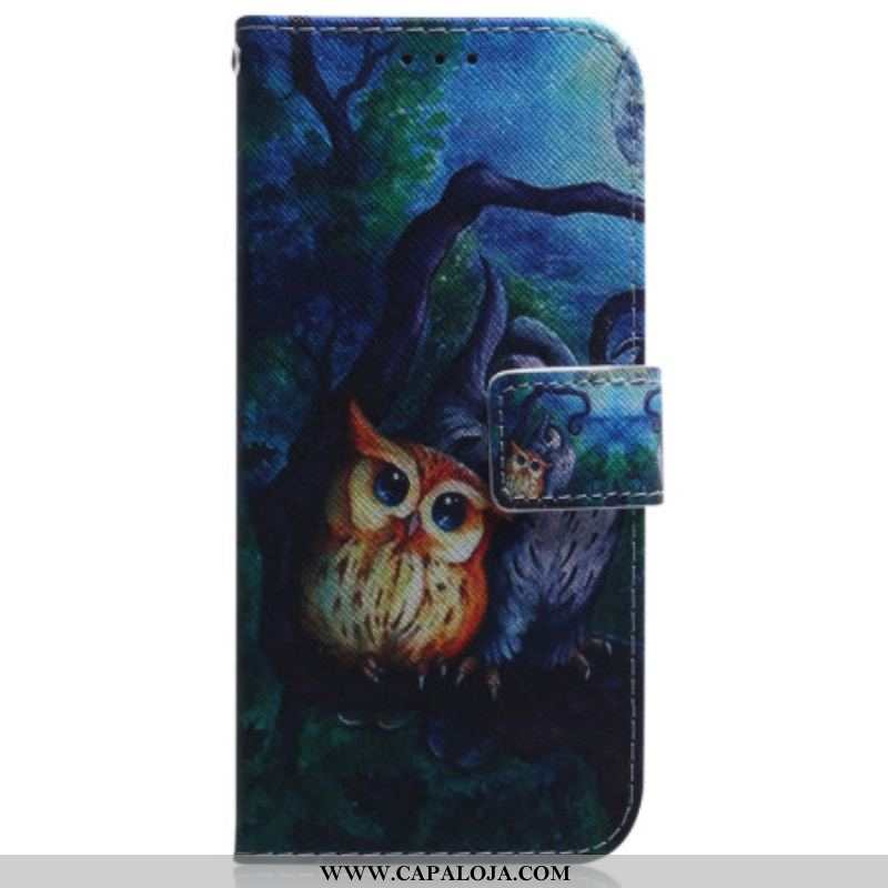 Capa Flip Para Oppo Reno 8 Pro De Cordão Pintura De Corujas Strappy