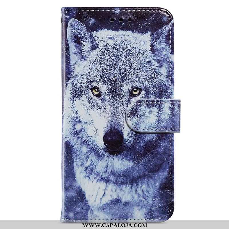 Capa Flip Para Samsung Galaxy A13 Lobo Soberbo Com Cordão