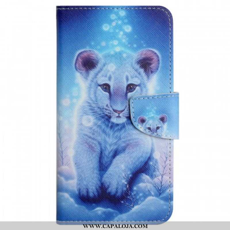 Capa Flip Para Samsung Galaxy A13 Tigre Branco Com Cordão