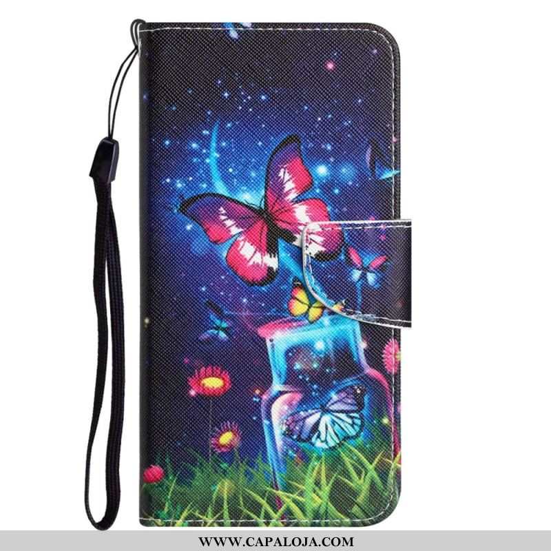 Capa Flip Para Samsung Galaxy A14 / A14 5G De Cordão Borboletas De Fada Com Cordão