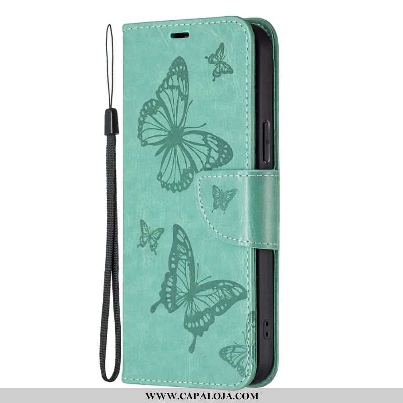 Capa Flip Para Samsung Galaxy A14 / A14 5G De Cordão Strappy Estampado Borboletas