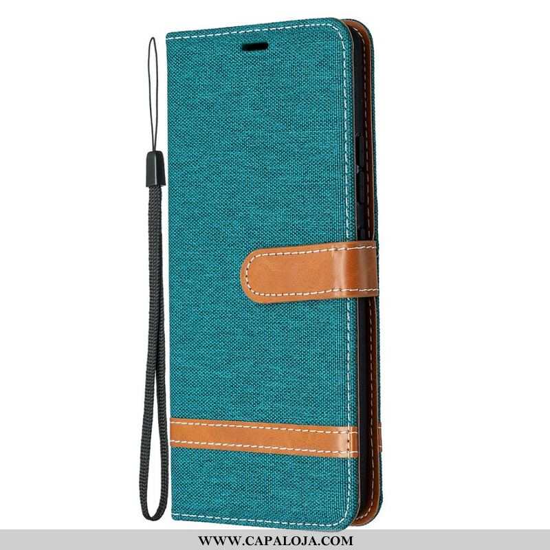 Capa Flip Para Samsung Galaxy A42 5G De Cordão Correia Efeito Tecido E Couro