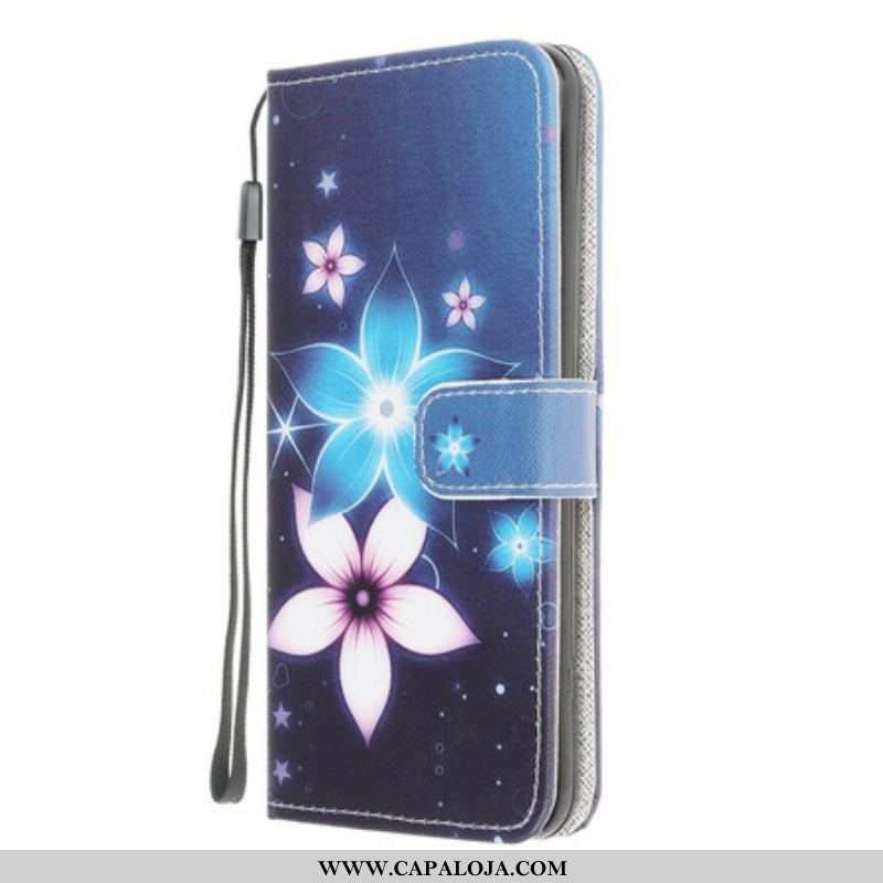 Capa Flip Para Samsung Galaxy A42 5G De Cordão Flores De Cinta Lunar