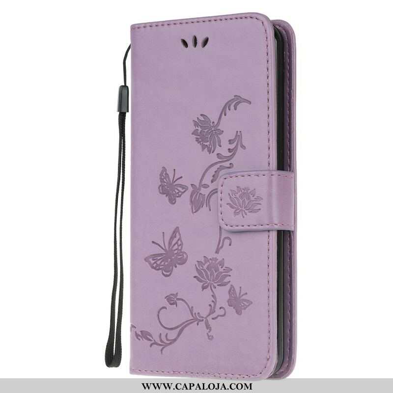 Capa Flip Para Samsung Galaxy A42 5G De Cordão Tanga Borboletas E Flores