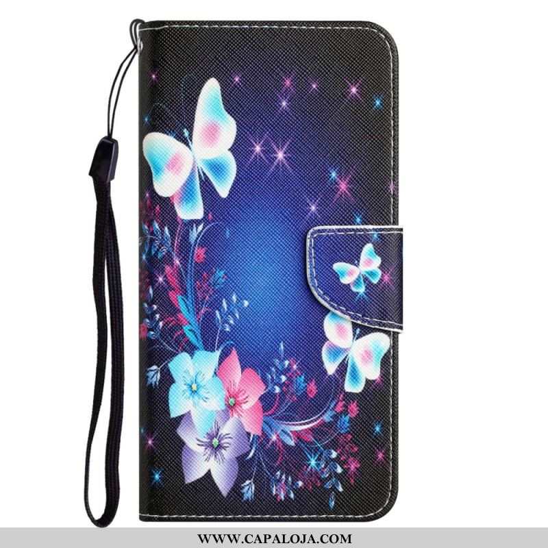 Capa Flip Para Samsung Galaxy A53 5G De Cordão Borboletas De Fada Com Cordão