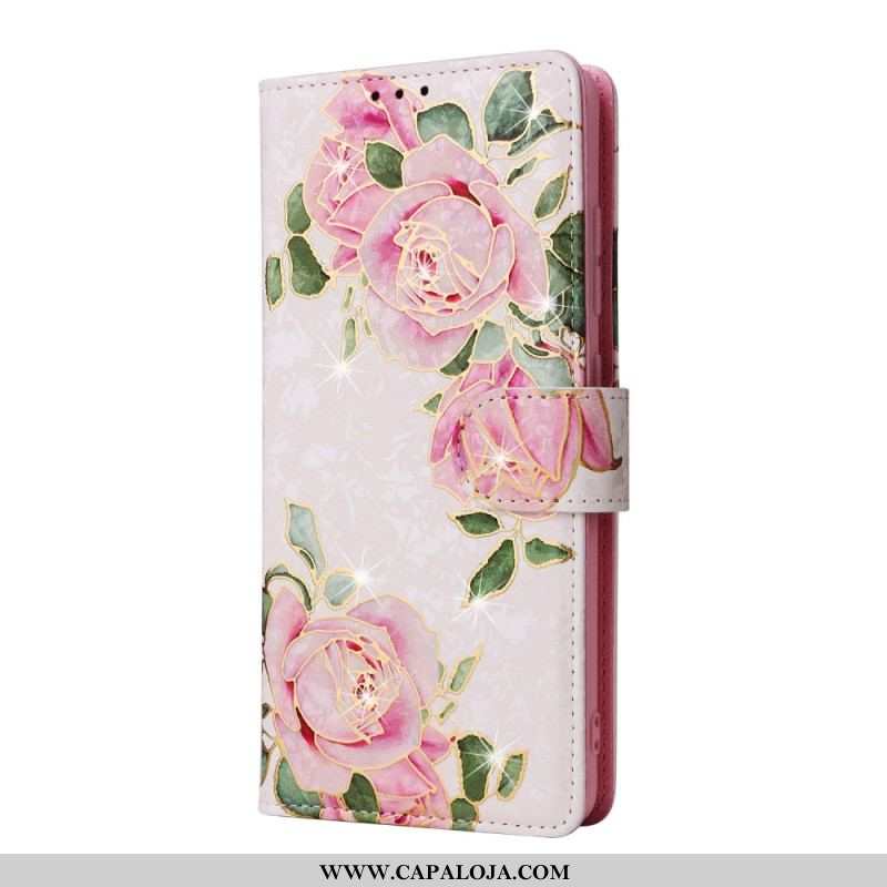 Capa Flip Para Samsung Galaxy A53 5G Flores Rfid Com Cordão