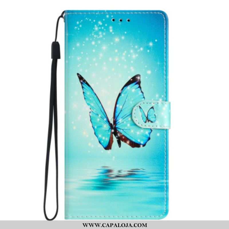 Capa Flip Para Samsung Galaxy A54 5G De Cordão Borboleta Azul Com Alça