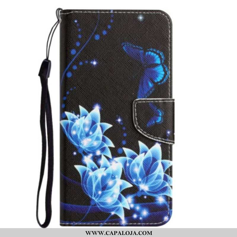 Capa Flip Para Samsung Galaxy A54 5G De Cordão Borboletas À Noite Strappy