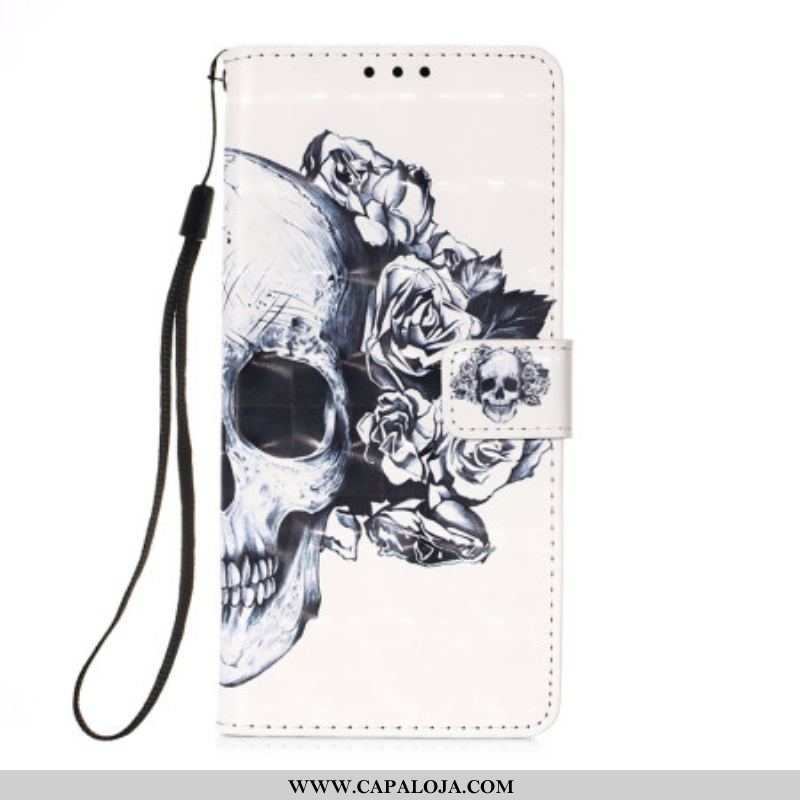 Capa Flip Para Samsung Galaxy A54 5G De Cordão Caveira Floral Com Alça