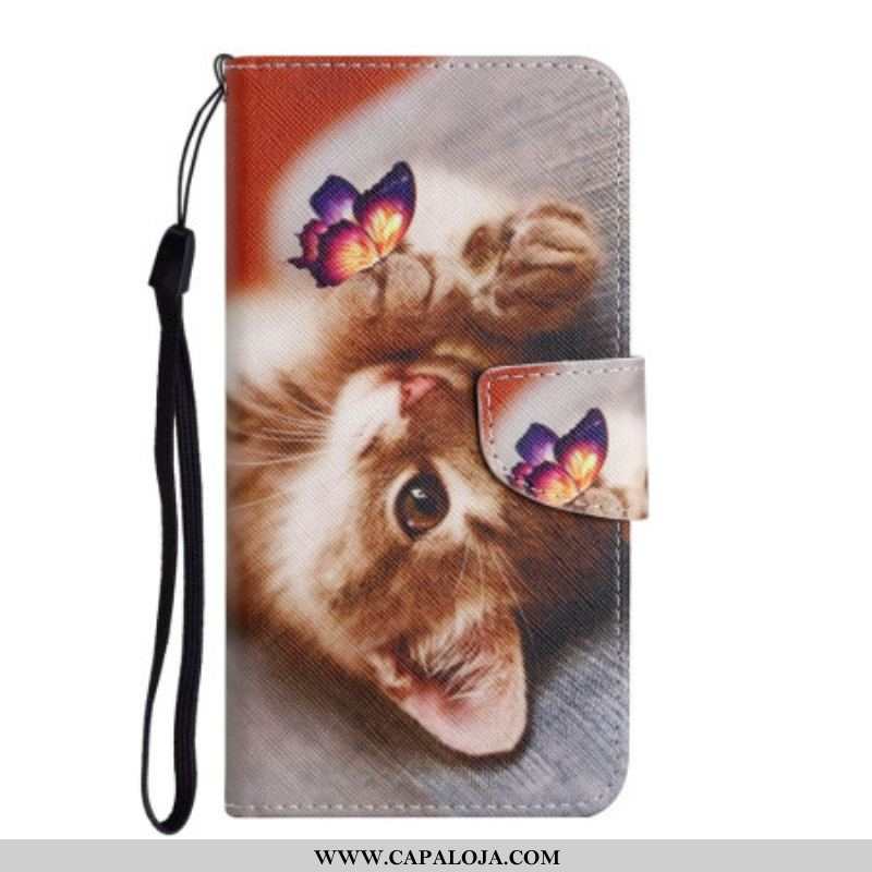 Capa Flip Para Samsung Galaxy A54 5G De Cordão Gato E Borboleta Com Cordão