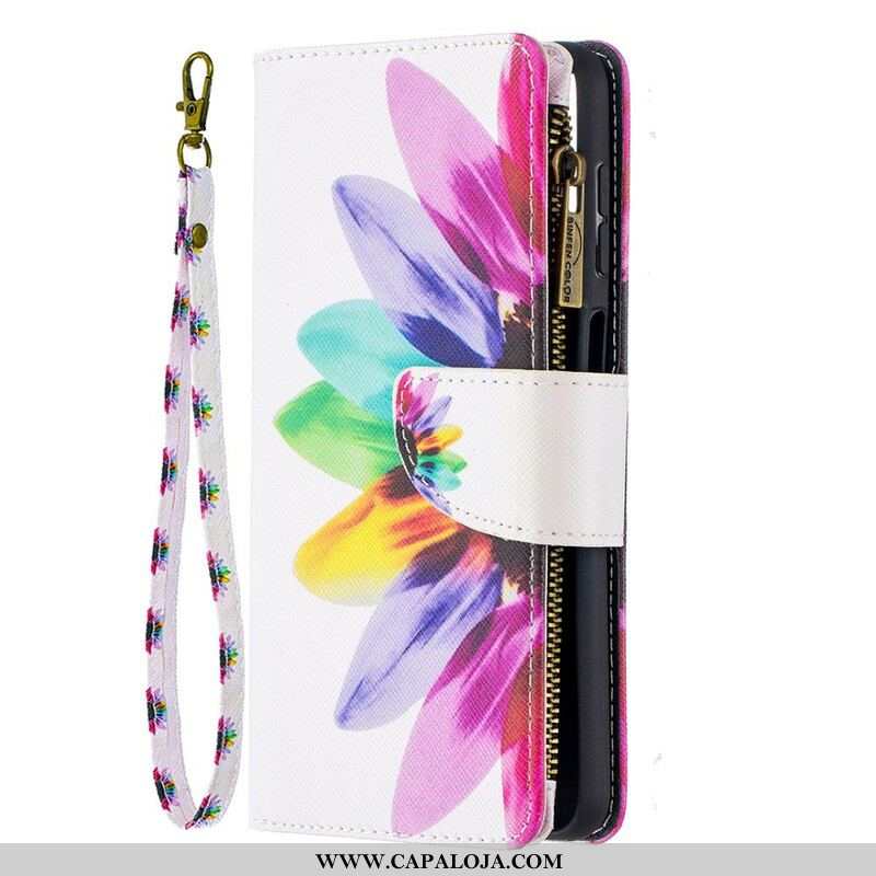 Capa Flip Para Samsung Galaxy M12 / A12 Bolso Com Zíper Flor