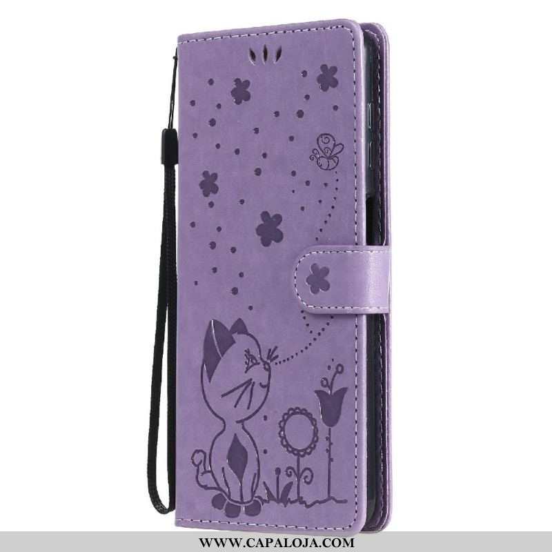 Capa Flip Para Samsung Galaxy M12 / A12 De Cordão Gato E Abelha Com Cordão