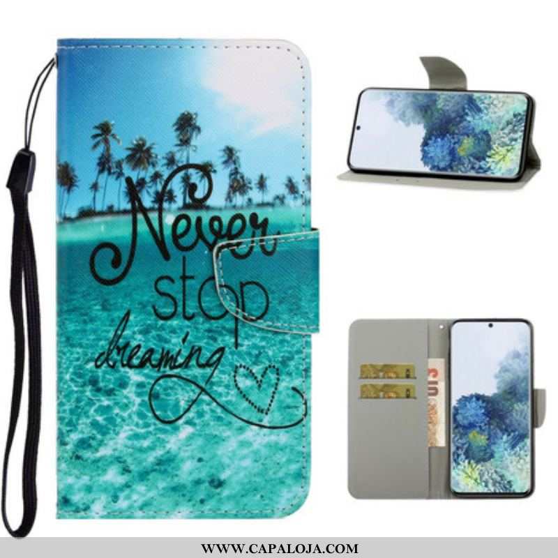 Capa Flip Para Samsung Galaxy S21 5G De Cordão Nunca Pare De Sonhar Com Strappy Navy