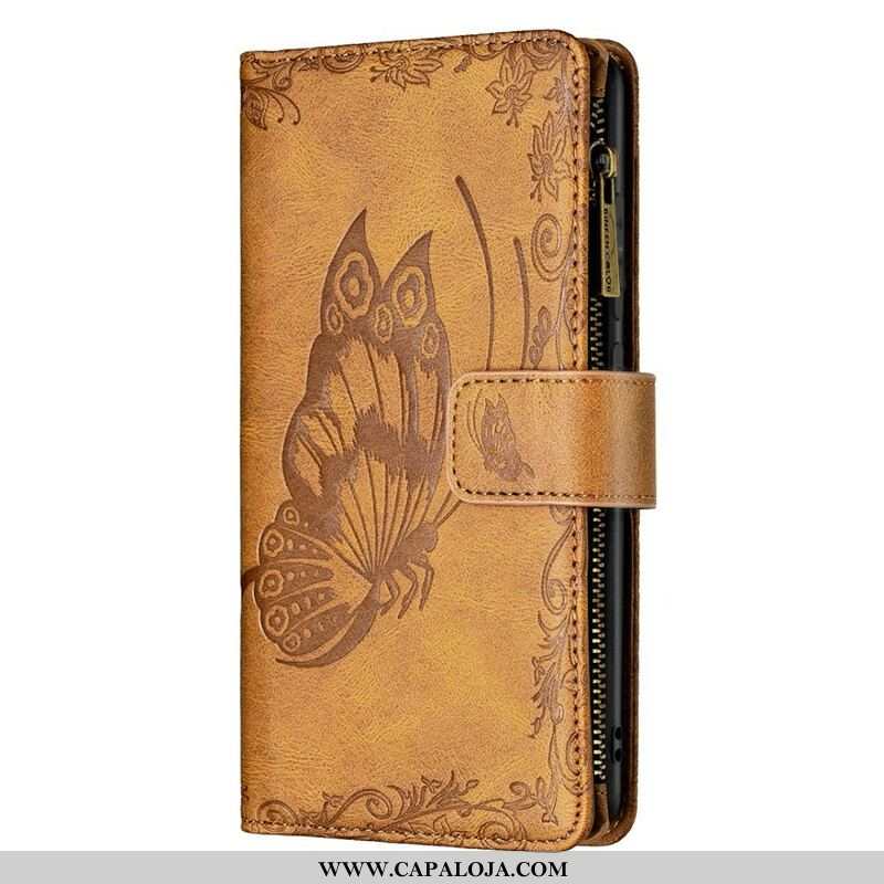 Capa Flip Para Samsung Galaxy S21 FE Bolso Com Zíper Barroco Borboleta