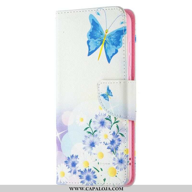 Capa Flip Para Samsung Galaxy S21 FE Borboletas E Flores Pintadas