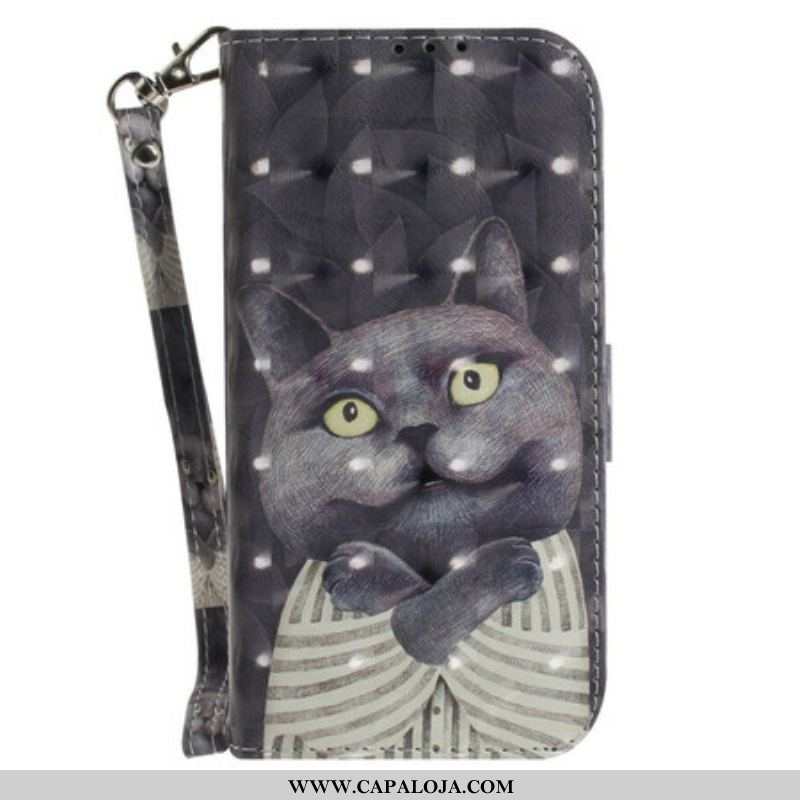 Capa Flip Para Samsung Galaxy S21 FE De Cordão Gato Cinzento Com Alça