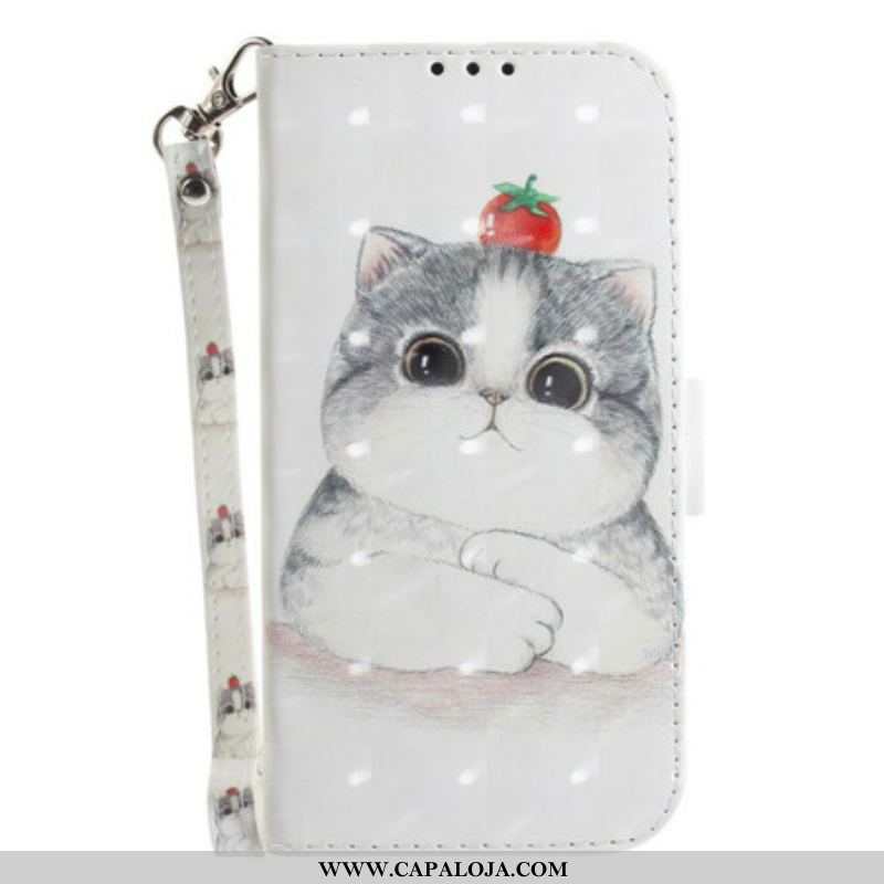 Capa Flip Para Samsung Galaxy S21 FE De Cordão Tomate No Gato Com Uma Alça