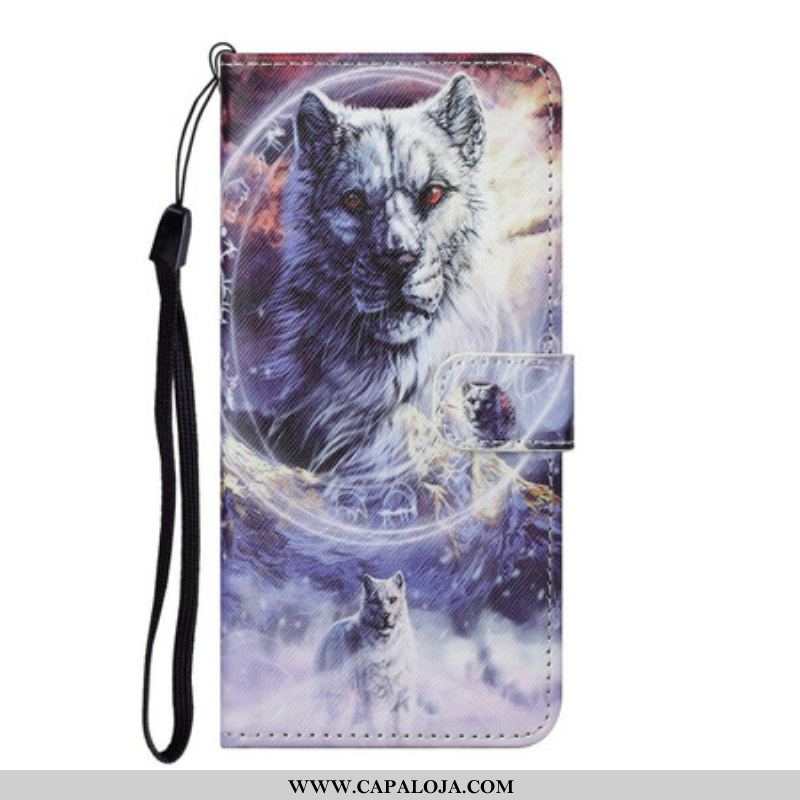 Capa Flip Para Samsung Galaxy S21 FE Lobo No Inverno Com Cordão