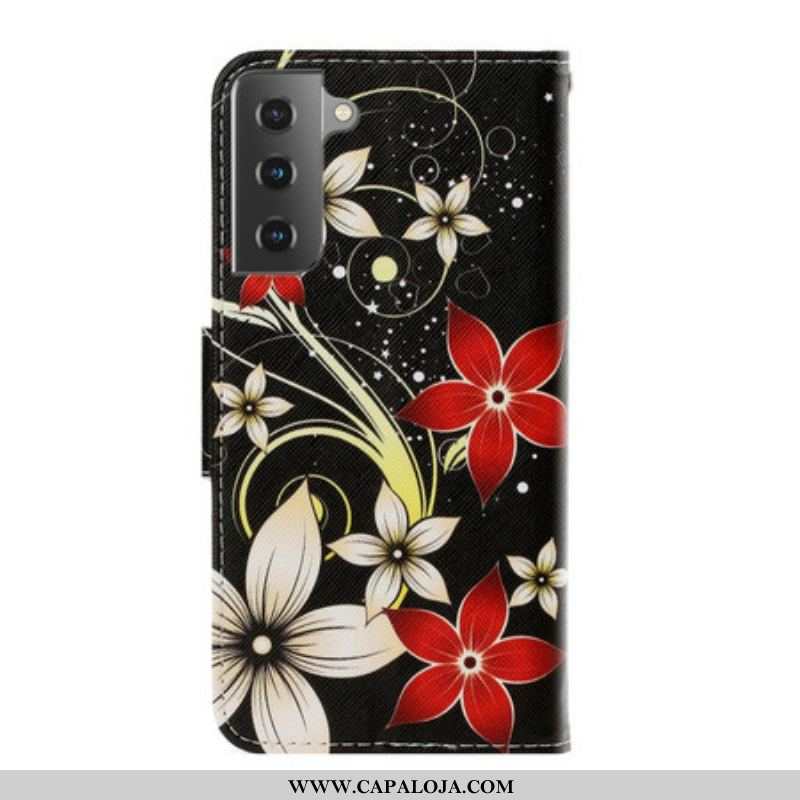 Capa Flip Para Samsung Galaxy S21 Plus 5G De Cordão Flores Coloridas Com Tiras