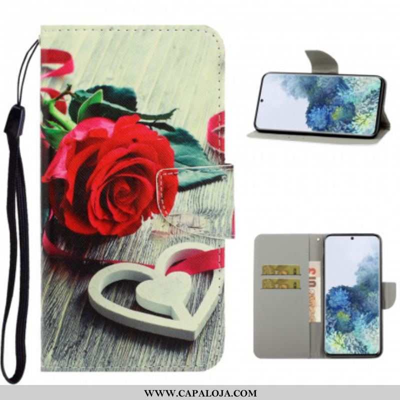 Capa Flip Para Samsung Galaxy S21 Ultra 5G De Cordão Flores Coloridas Com Tiras